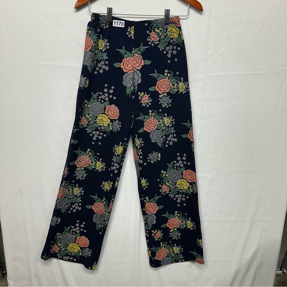 Attitudes by Renee Floral Stretch Knit Pull On Pants Small Navy